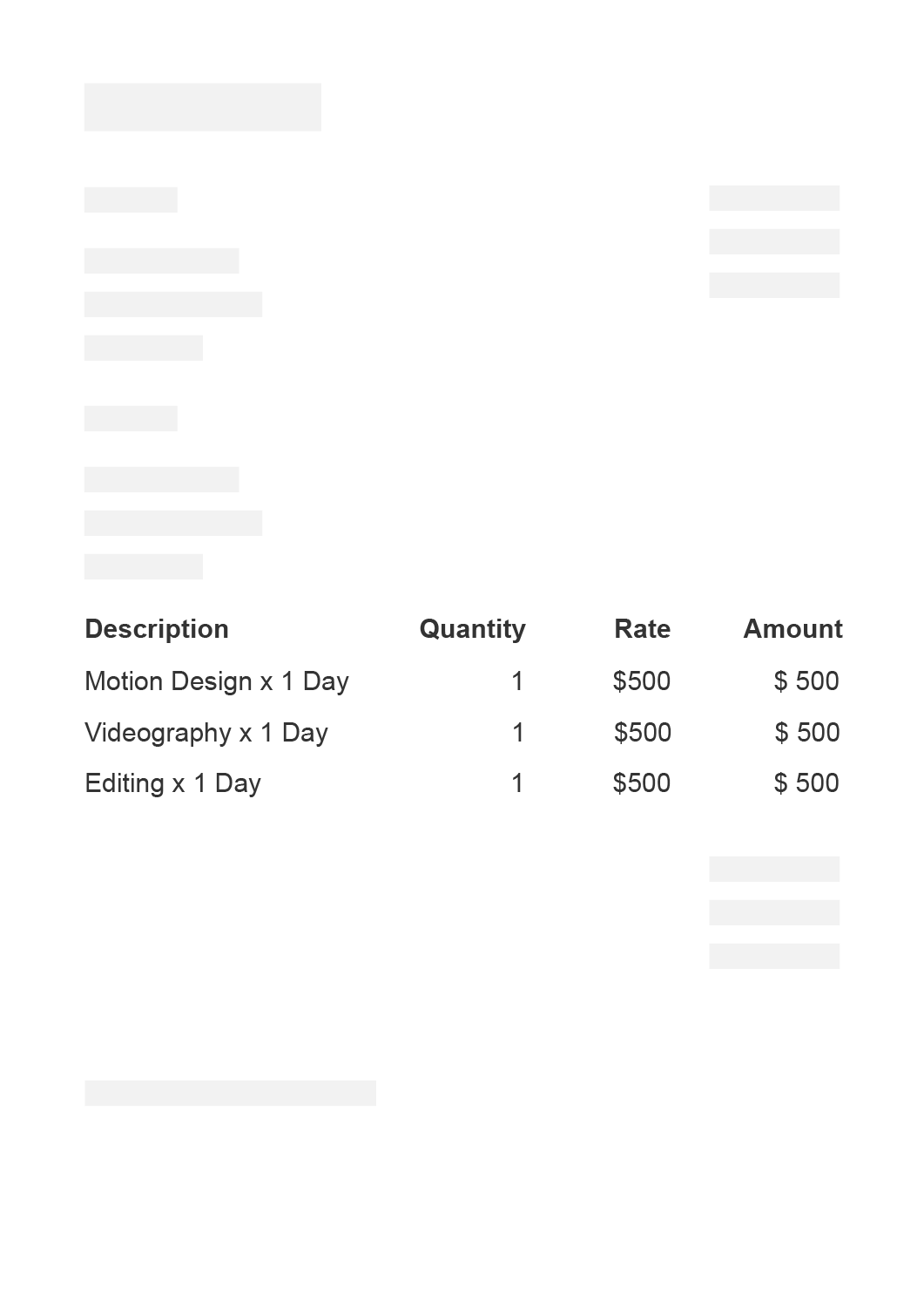 Line items section on an invoice